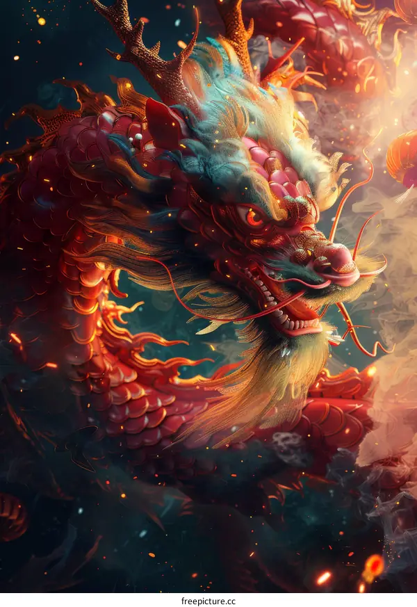 A Red and Gold Dragon with a Fierce Expression on Its Face