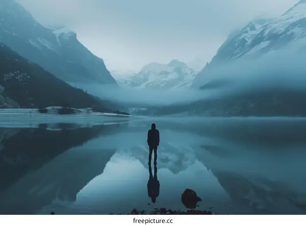 Man standing alone in a lake with snow capped mountains in the distance