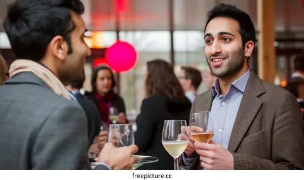 Two men talking at a party