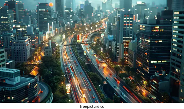 Nighttime cityscape of Tokyo with illuminated roads