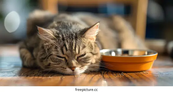 A cute tabby cat is sleeping soundly next to an orange bowl