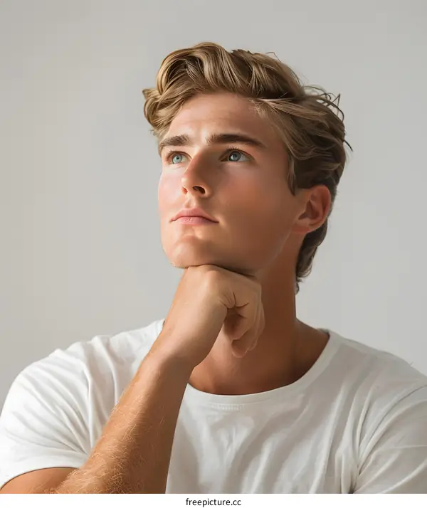 Young Man with Blonde Hair Looking Up in Thought