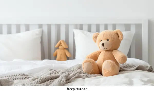 Cute Teddy Bear on Bed with Blanket and Bunny Doll