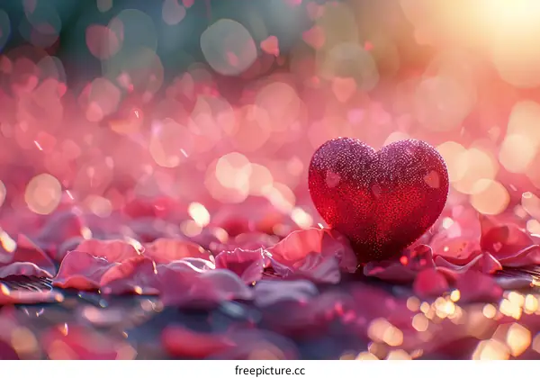 Red Heart on Pink Rose Petals with Soft Blurred Background