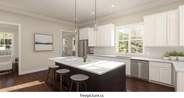 Modern Kitchen Interior Design with White Cabinets and Marble Island