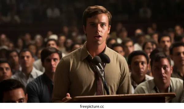 A young man giving a speech in front of a large crowd