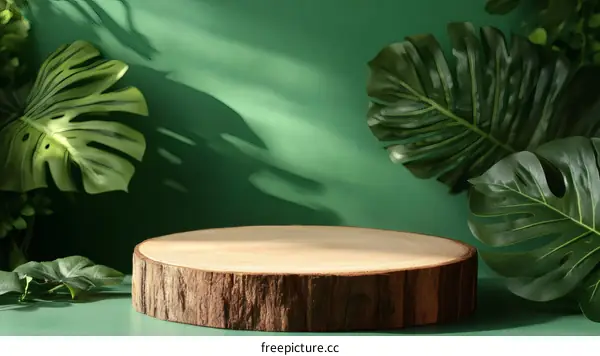 Elegant Wooden Display Stand Against Lush Green Background
