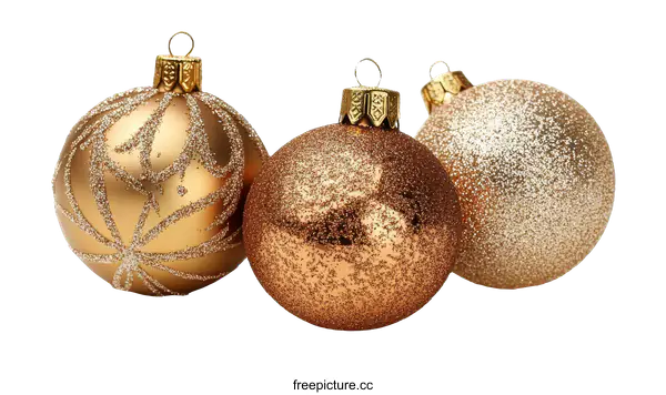 [Transparent Background PNG]Three Golden Christmas Ornaments on White Background