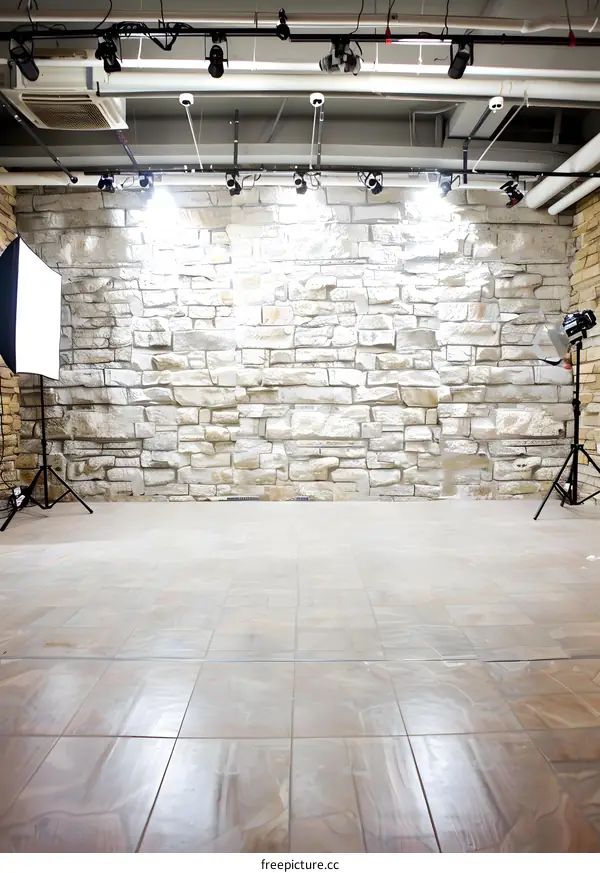Empty Studio with Stone Wall and Lighting Equipment