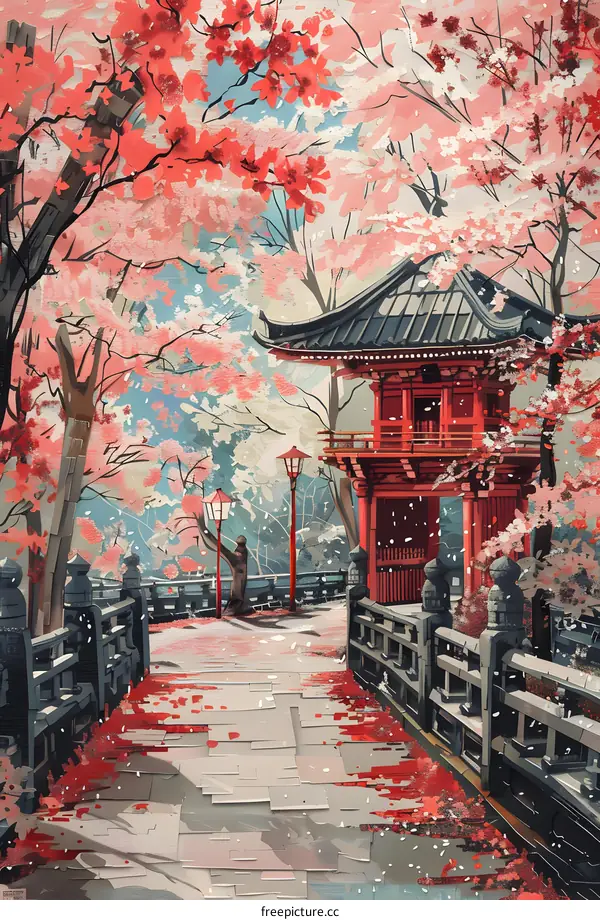 Japanese garden with red pagoda and cherry blossom trees