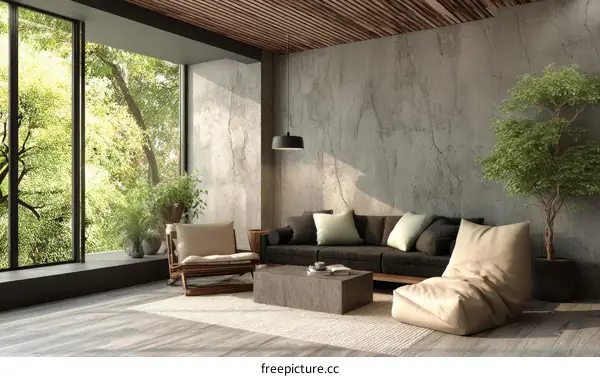 Modern Living Room with Large Window and Concrete Wall