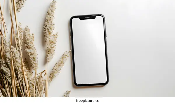 Minimalist Smartphone Mockup with Dried Grass on White Background