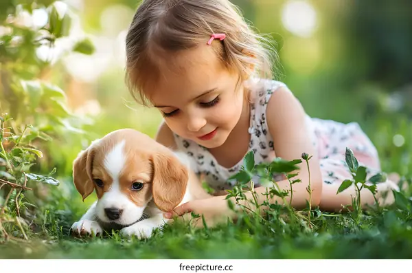 Little Girl Playing with a Puppy in the Grass