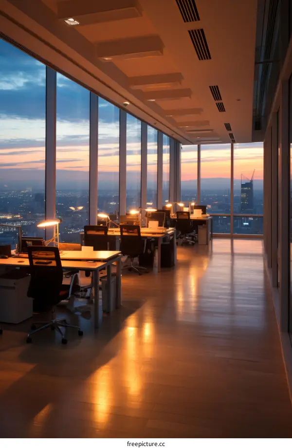 Modern Office Interior with Empty Workstations at Sunset