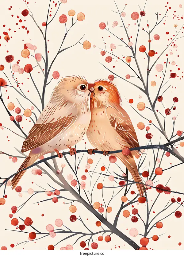 Two Birds Perched on a Branch with Red Berries