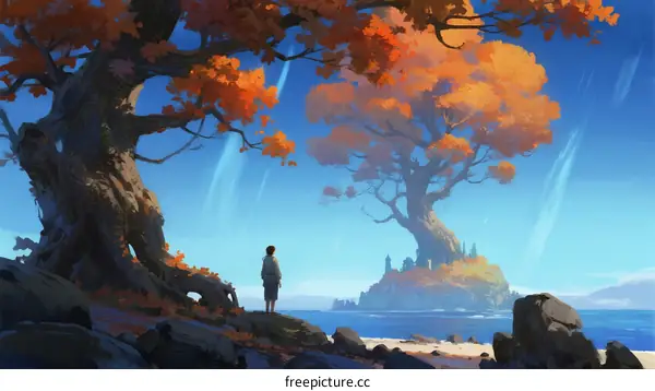 A Person Standing Near Large Trees with Orange Leaves by the Sea