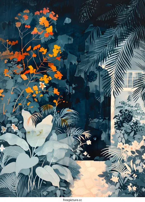 Tropical Watercolor Painting of a Pathway Through Lush Greenery