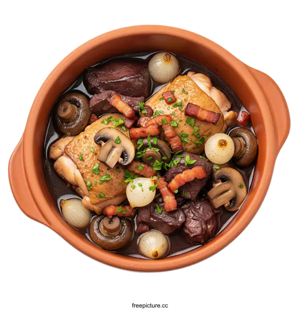 [Transparent Background PNG]Delicious pot of coq au vin with chicken mushrooms and onions