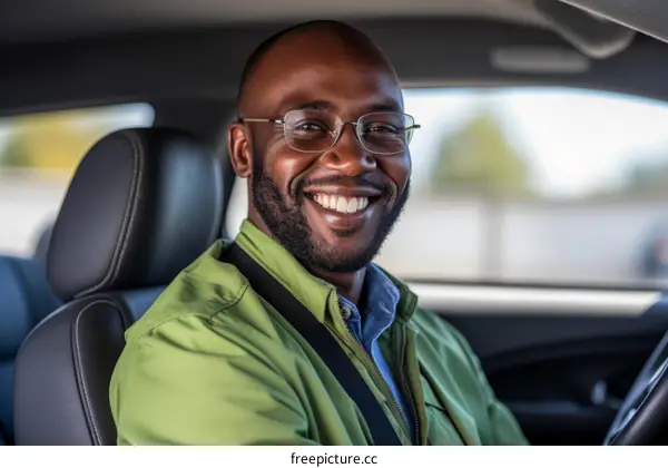 Happy African American man driving a car