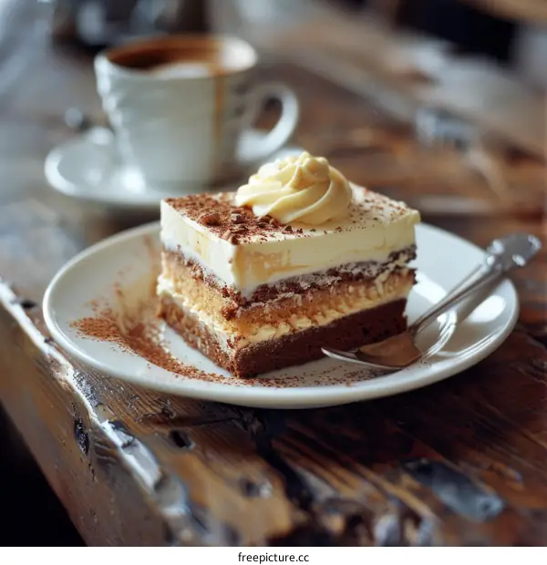 A delicious cake with a cup of coffee