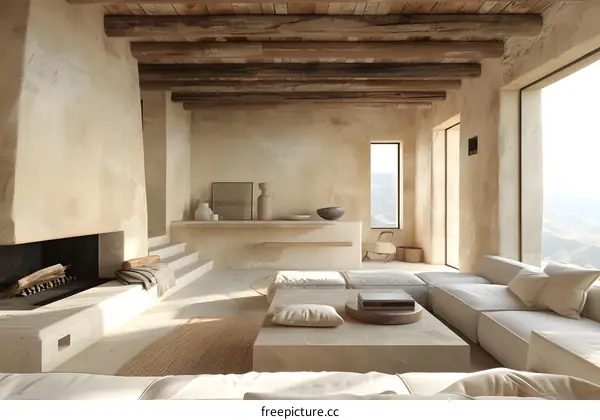 Modern interior of a house with a fireplace, a sofa, and a coffee table