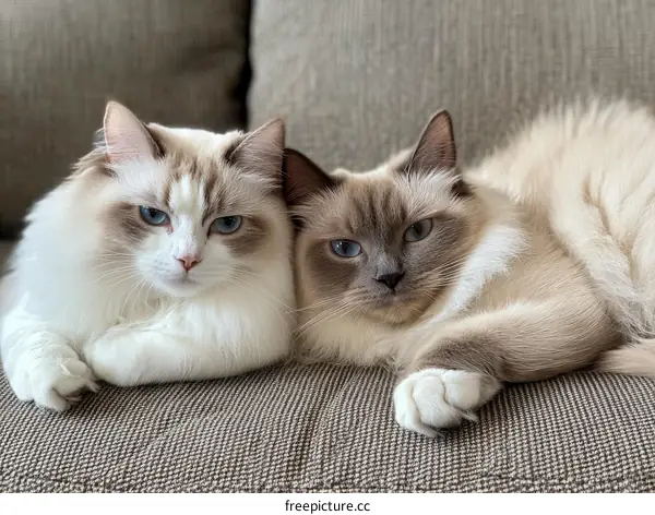 Two Ragdoll Cats Relaxing on Sofa