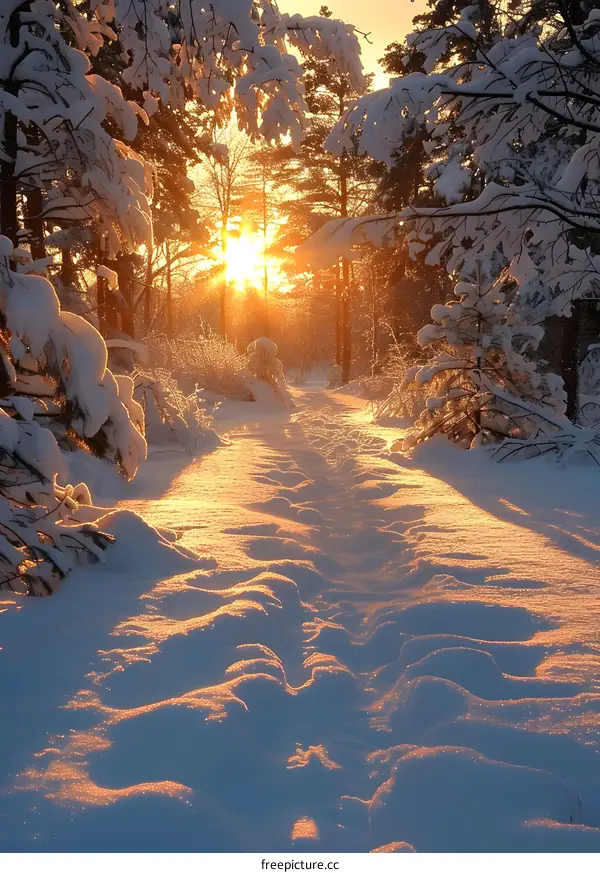 The sun shines through the snow in the forest