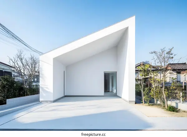 Modern White House Exterior With A Sloping Roof And Patio