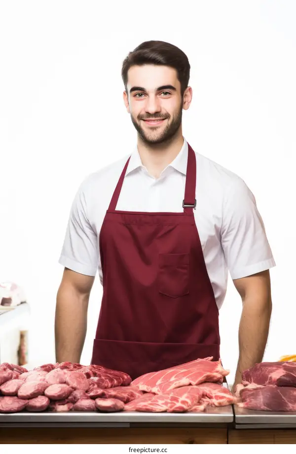 Portrait of a butcher standing behind a counter full of raw meat