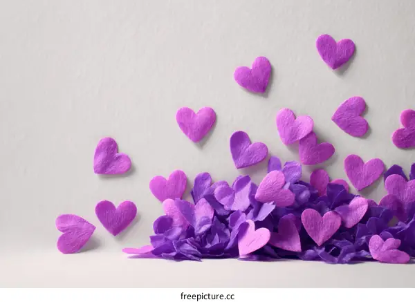 Purple Hearts Scattered on White Background