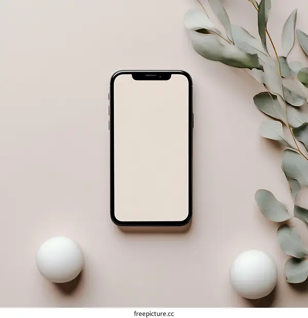 Blank Smartphone Screen Mockup with Eucalyptus and White Eggs