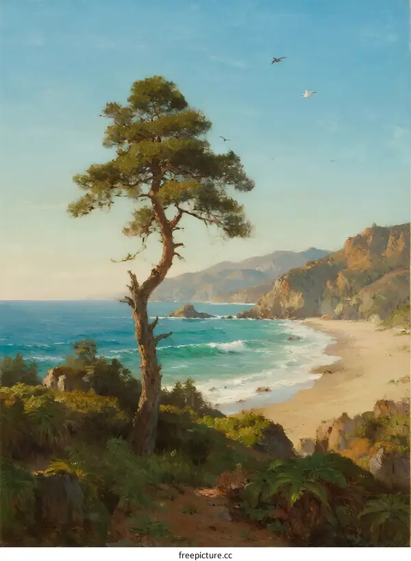 Lone Pine Tree Standing by Turquoise Ocean Waves on Sunny Day