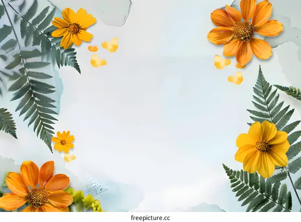 Yellow Flowers and Green Ferns on a Light Blue Background