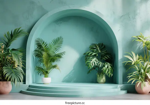 Teal Archway Display with Tropical Plants