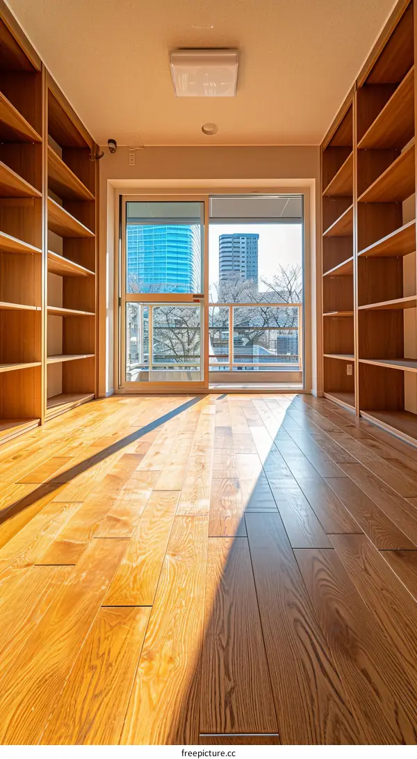 An empty room with wooden shelves on both sides