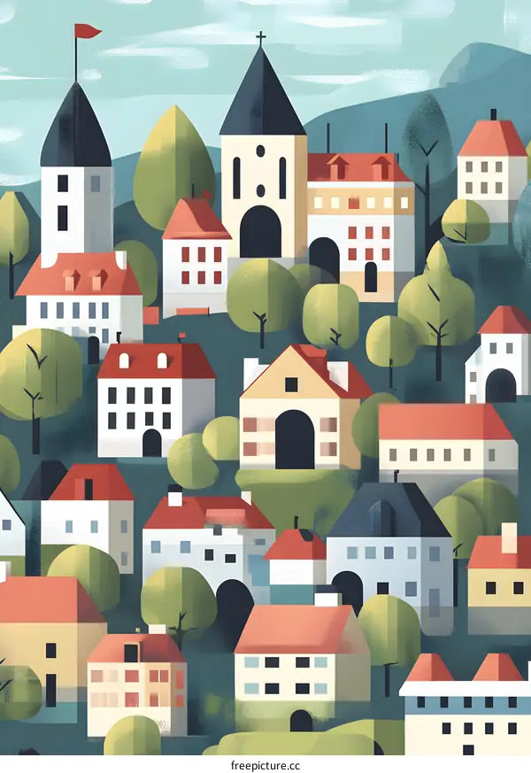 Colorful Illustration of a Small Town