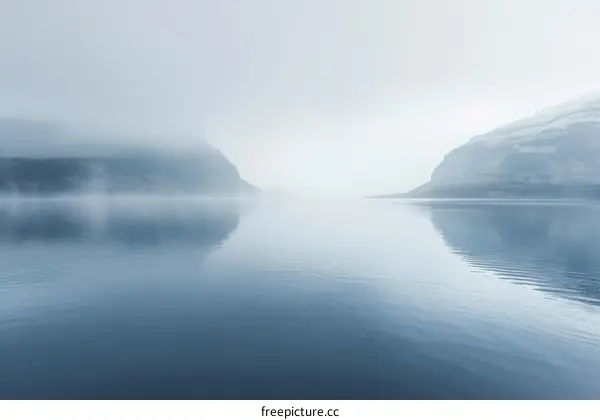 Misty fjord landscape with distant mountains