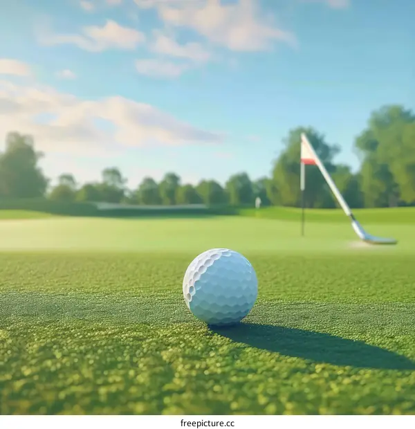 Golf ball on manicured green with flag in the distance