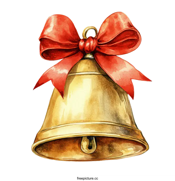 [Transparent Background PNG]Watercolor Christmas Bell with Red Ribbon