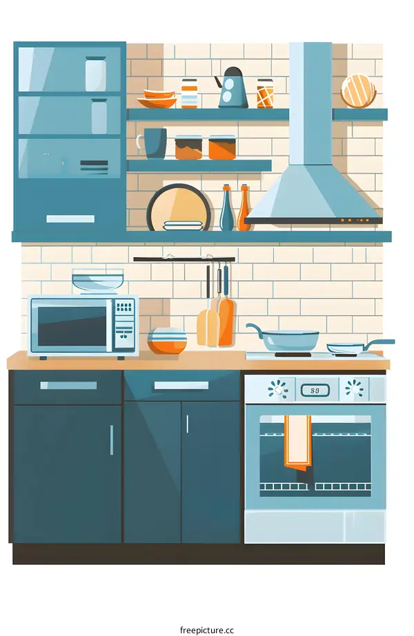 Modern Kitchen Illustration with Blue Cabinets and Stainless Steel Appliances