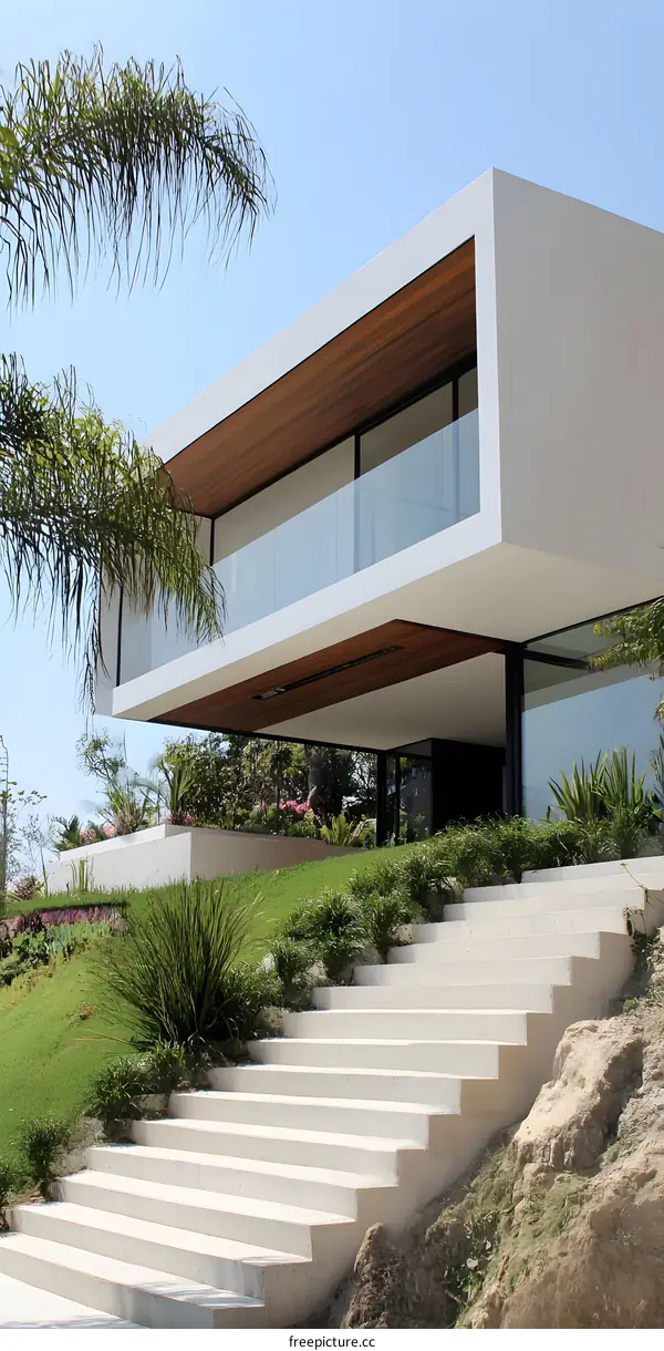 Modern White House with Wooden Ceiling and Concrete Stairs