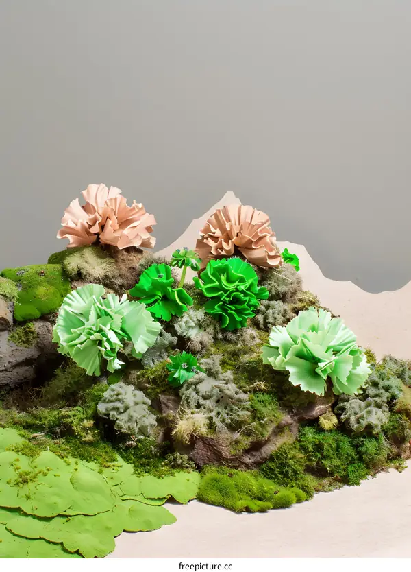 Green and Beige Paper Flowers on Mossy Rock