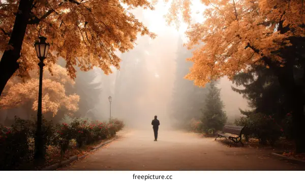 Autumnal park pathway with fog