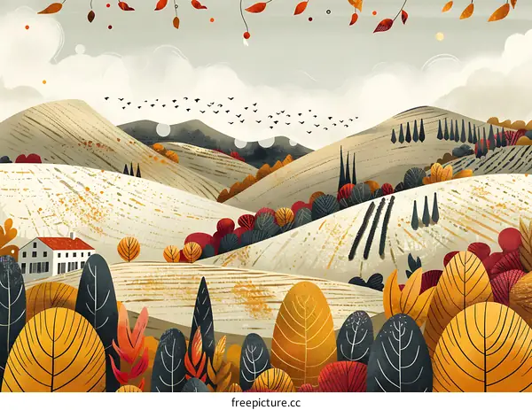 Autumn Landscape With Rolling Hills and Flying Birds