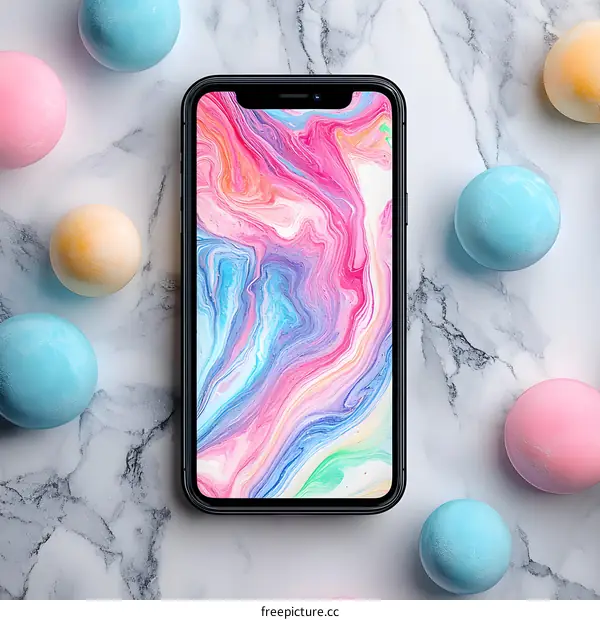 Phone with Abstract Background and Pastel Colored Spheres