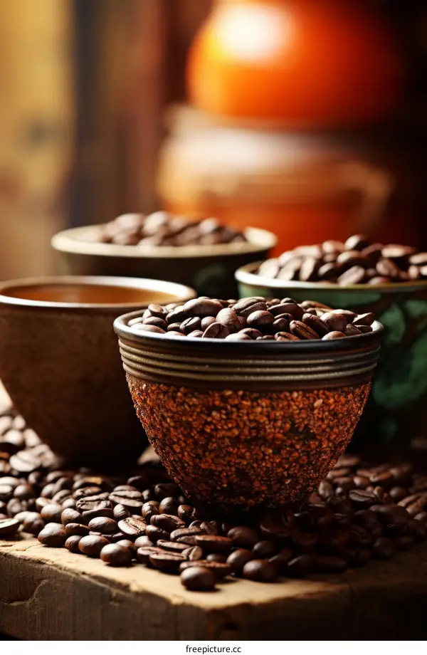 Close-up of coffee beans in ceramic cups and scattered on a wooden table