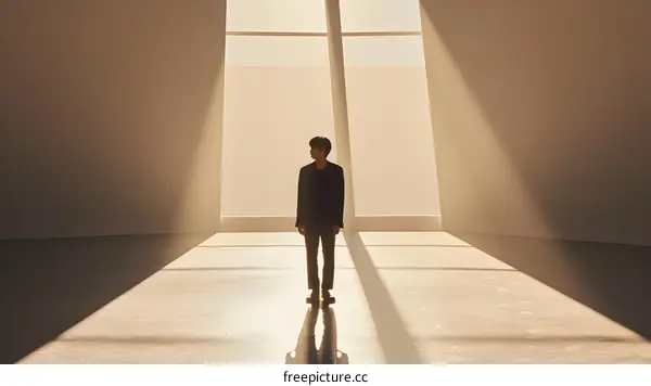 Man Standing in Minimalist Room with Sunlight Streaming Through Window
