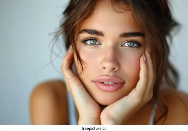 portrait of a beautiful young woman with green eyes and freckles