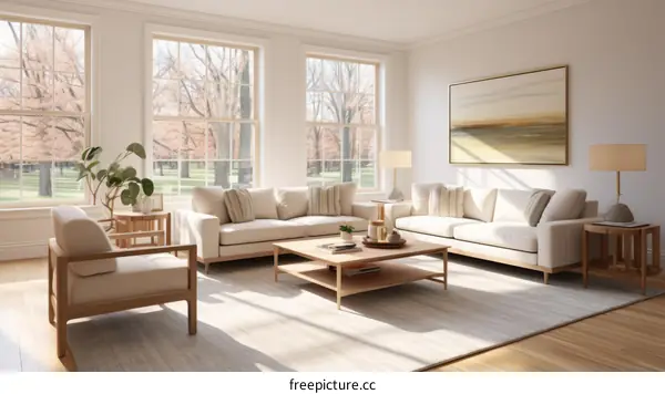 Airy living room with large windows and a comfortable seating area