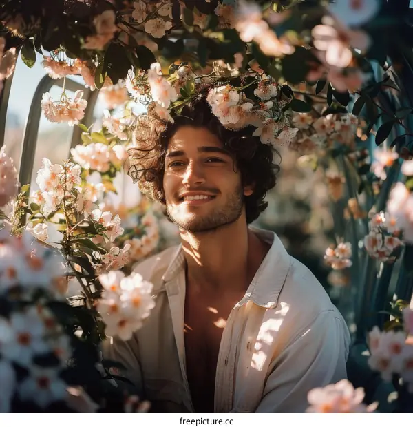 Young man standing in a greenhouse full of flowers